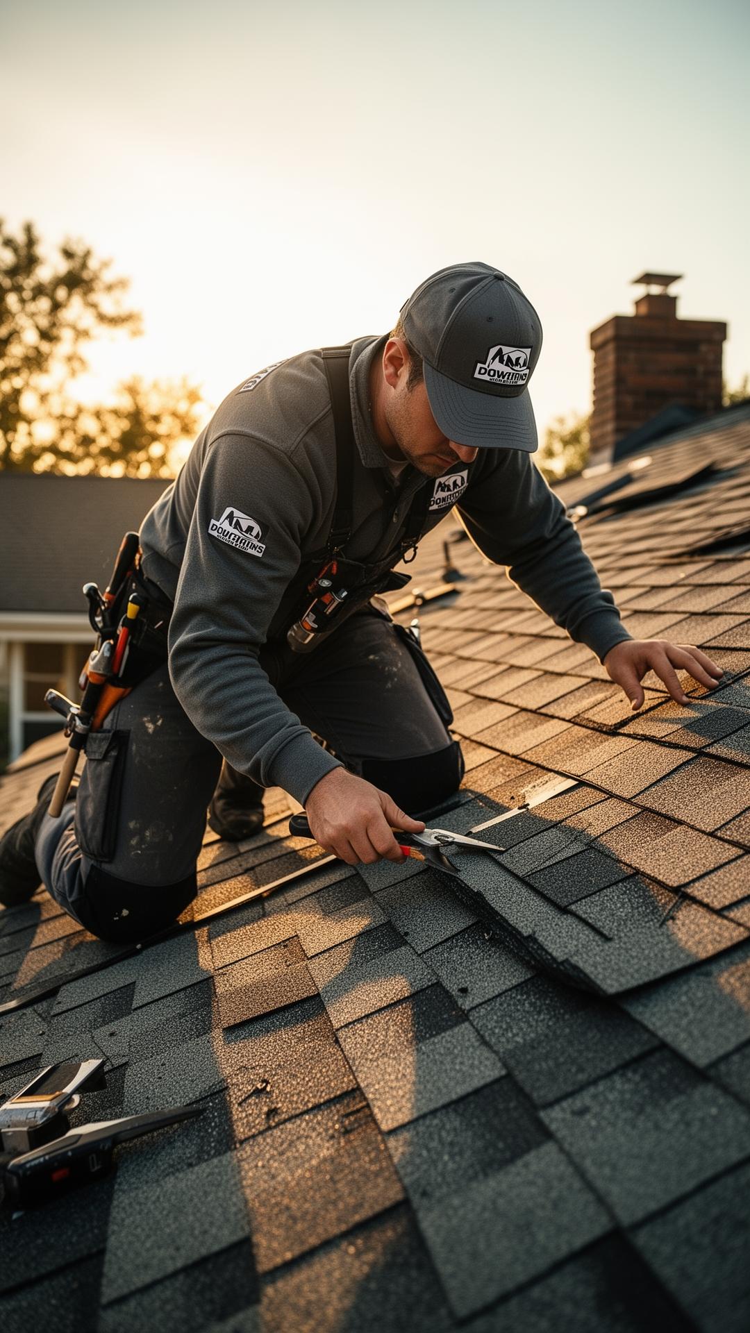 Roofer installing shingles